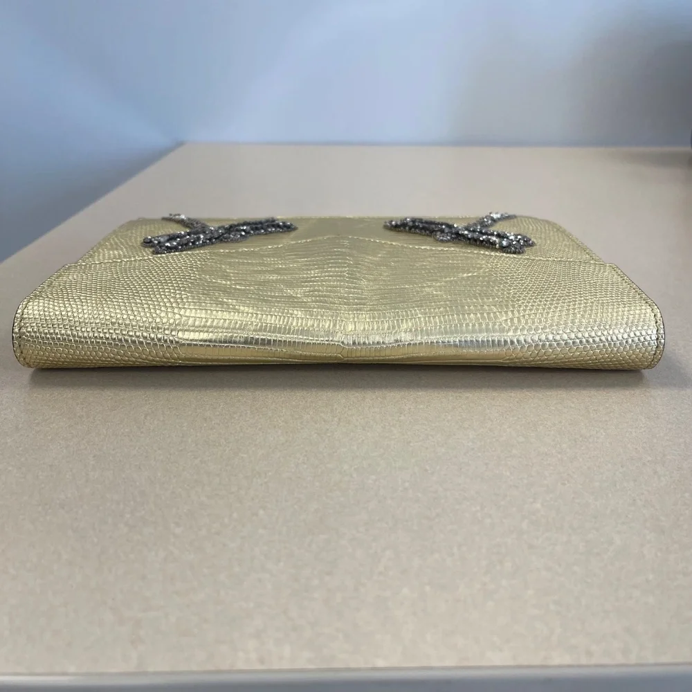 Gucci Gold Laminated Lizard Clutch w/ Crystal Dragonfly Embellishments-Preloved - Picture 7 of 16